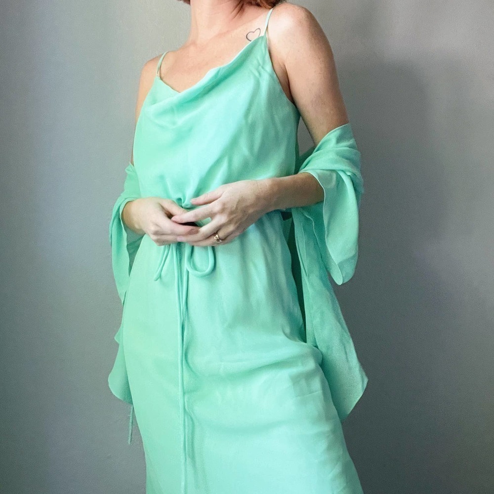 Vintage 1970's Green Cowl Neck Flowy Chiffon Midi Slip Dress + Shawl